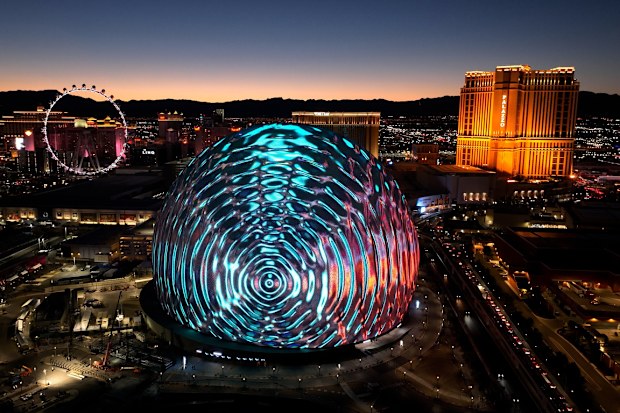 Sphere At Las Vegas In Nevada United States. Landmark Tourism Travel. Illuminated Las Vegas Skyline. Sphere At Las Vegas In Nevada United States.