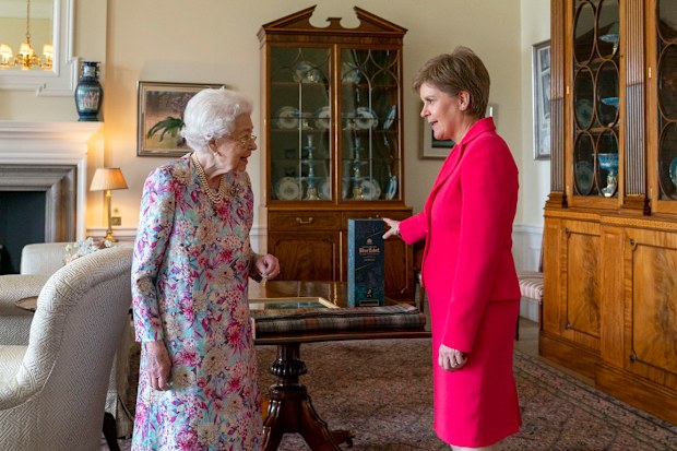 Queen Elizabeth II receives First Minister of Scotland Nicola Sturgeon during an audience at the Palace of Holyroodhouse in Edinburgh, as part of her traditional trip to Scotland for Holyrood Week, on June 29, 2022 in Edinburgh, United Kingdom. 