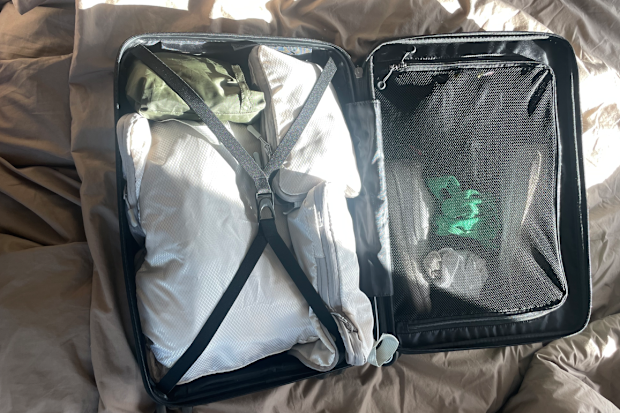 A suitcase packed with packing cubes.