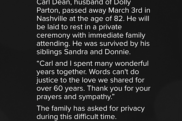 Dolly Parton's Instagram statement confirming death of husband Carl Dean
