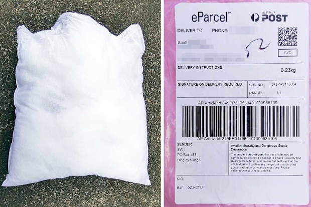 The pillow and package it arrived in at Scott's western Sydney home.