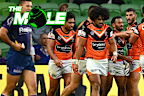 Apisai Koroisau celebrates with Tigers teammates after scoring a try during their round four NRL match against the Melbourne Storm. 
