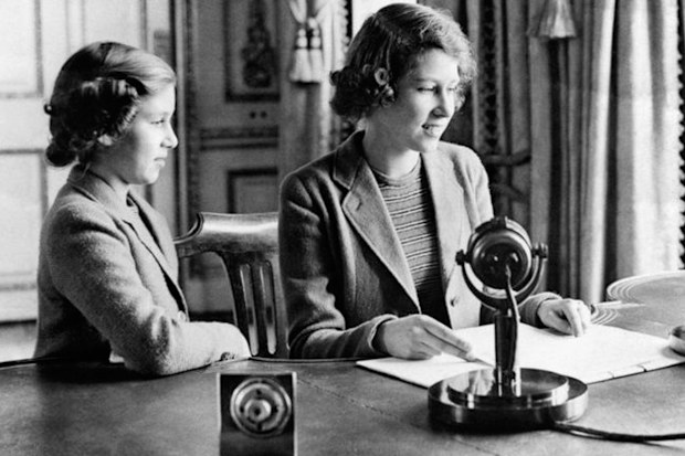 Princess Margaret (left) and Princess Elizabeth (right) during Children's Hour public broadcast from Windsor Castle on October 13, 1940