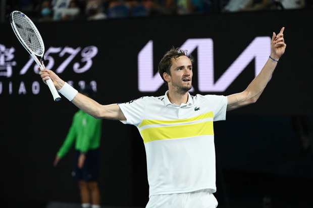 Daniil Medvedev of Russia celebrates after winning a game in his Men's Singles Semifinals match against Stefanos Tsitsipas of Greece during day 12 of the 2021 Australian Open at Melbourne Park on February 19, 2021 in Melbourne, Australia
