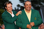 Angel Cabrera, seen here with 2008 winner Trevor Immelman during the green jacket presentation, won the 2009 Masters in a sudden-death playoff. In doing so, he claimed his second major and became the first Masters winner from South America.