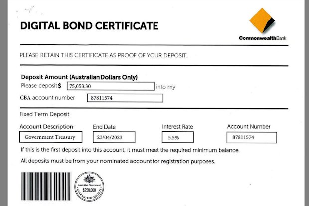 A 'digital bond certificate' the scammer sent Paula.