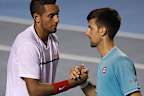Nick Kyrgios and Novak Djokovic shake hands after their match at Acapulco in 2017, won by the Aussie.
