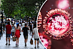 A crowd of people in Sydney and a 3D rendering of the measles virus.