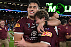 Tino Fa'asuamaleaui embraces Harry Grant after a State of Origin victory for Queensland.