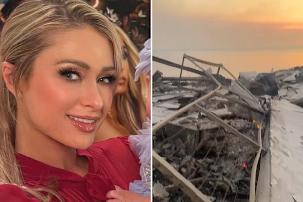 Paris Hilton and the wreckage of her Malibu home destroyed in the LA fires
