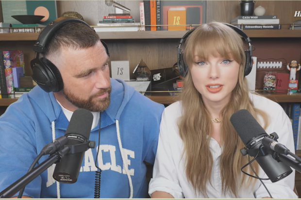 Taylor Swift and Travis Kelce on the New Heights podcast