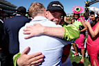 Melbourne Cup-winning jockey Robbie Dolan celebrates with Irish singer Ronan Keating.