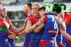 Kalyn Ponga rushes to congratulate Knights teammates after a try against the Canberra Raiders.