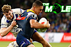 Max King of the Bulldogs tackles Will Warbick of the Storm. The Mole graphic.
