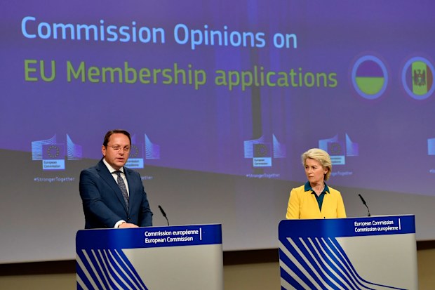 European Commission President Ursula von der Leyen, right, and European Commissioner for Neighborhood and Enlargement Oliver Varhelyi participate in a media conference after a meeting of the College of Commissioners at EU headquarters in Brussels, Friday, June 17, 2022. 