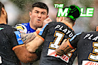 Knights star Bradman Best runs into the Tigers' defensive line.