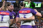 Ryan Papenhuyzen of the Storm celebrates with teammates after scoring a try during the round 16 NRL match between Dolphins and Melbourne Storm at Suncorp Stadium on June 21, 2024, in Brisbane, Australia.