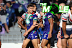 Spencer Leniu (left) reacts as the Warriors score a try to condemn the Roosters in round three.
