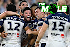 Chad Townsend is mobbed by Cowboys teammates after kicking a match-winning field goal against the Knights in round two, 2024.