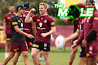 Tom Dearden celebrates during a Queensland Maroons training session.