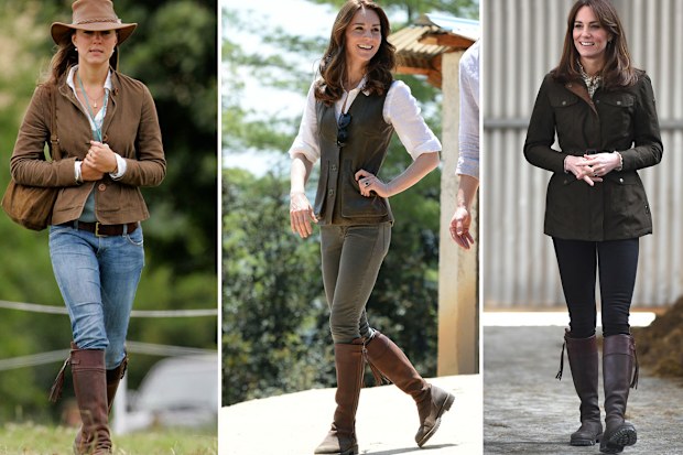 Kate Middleton wearing Penelope Chilvers boots at (L-R) Festival of British Eventing at Gatcombe Park in August 2005, hiking to Paro Taktsang, the Tiger's Nest monastery in Bhutan in 2016, visit to Teagasc Research Farm in Ireland in March 2020  