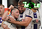 Harry Grant celebrates with Christian Welch after scoring the winning try in the Storm's win over the Eels.