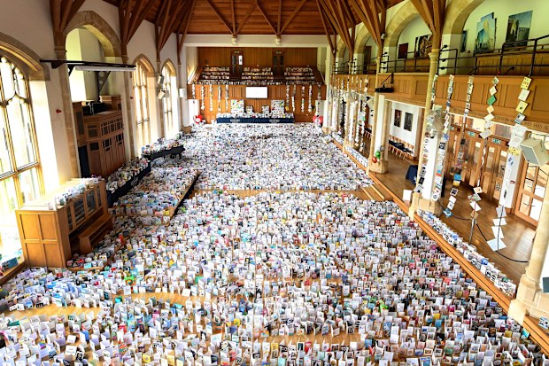  A general view of thousands of birthday cards sent to Captain Tom Moore for his 100th birthday on April 30th, are pictured displayed in the Hall of Bedford School, closed-down due to the COVID-19 pandemic, in Bedford, on April 29, 2020.