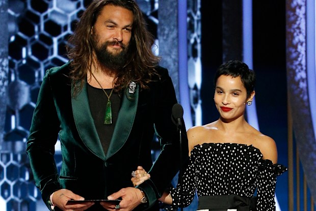Jason Momoa and Zoe Kravitz speak onstage during the 77th Annual Golden Globe Awards at The Beverly Hilton Hotel on January 5, 2020 in Beverly Hills, California. (Photo by Paul Drinkwater/NBCUniversal Media, LLC via Getty Images)