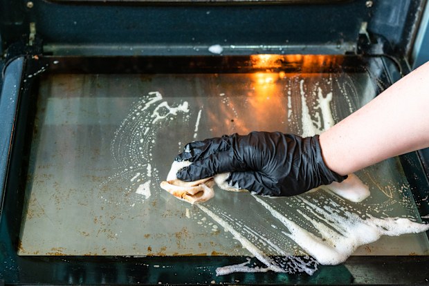 cleaning oven in home kitchen - female hand cleans glass door of dirty oven with reagent