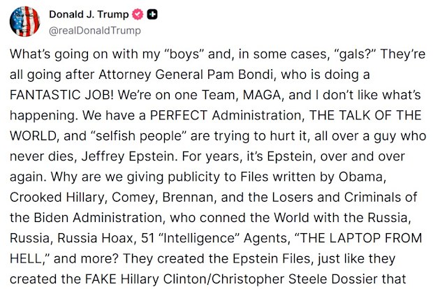 Donald Trump posted a lengthy message on Truth Social in support of Pam Bondi.