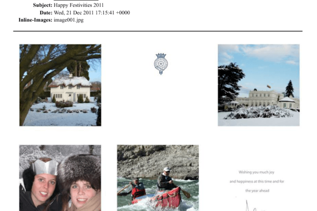 A Christmas card, sent to Jeffrey Epstein from Andrew Mountbatten-Windsor, released in the Epstein files.
