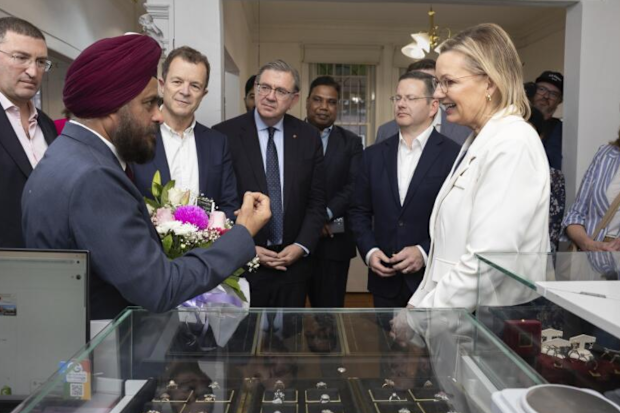 Opposition Leader Sussan Ley visits a jewellry store owned by Gurmeet Singh Tuli, President of Little India Australia, left, during a tour of Little India in Harris Park on Sunday 7th September 2025. The Liberal Party is seeking to mend relations with the Australian Indian community after Senator Jacinta Nampijinpa Price claimed that the government prioritises Indian migrants they preferentially vote for Labor. 