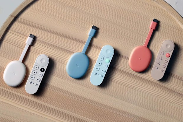 Google TV Chromecast dongles and remotes.