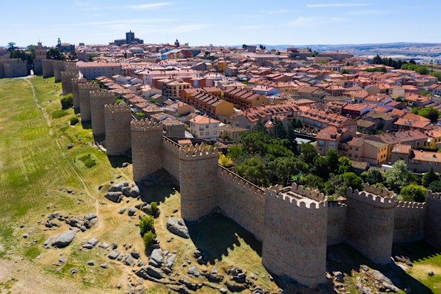 View from drone of main walls of medieval Spanish fortified city of Avila