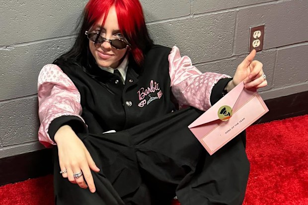 Billie Eilish backstage at the Grammy Awards.