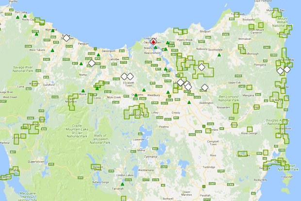 The blaze is burning near George Town in Tasmania's north. (TFS map)