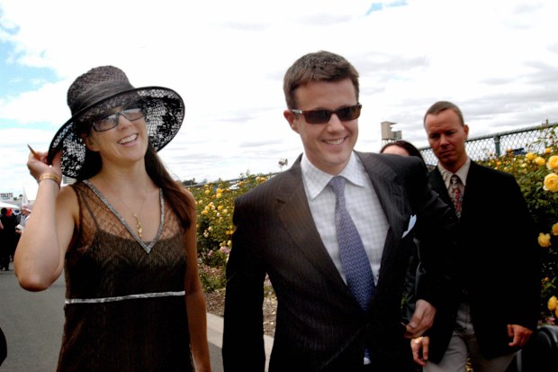 Mary Donaldson and Crown Prince Frederik of Denmark at the Melbourne Cup 2002, the race that stops the nation, Flemington Racecourse, Victoria 