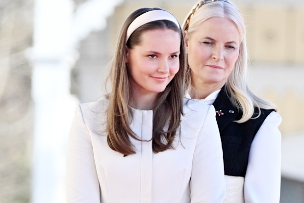 OSLO, NORWAY - APRIL 8: Crown Princess Mette-Marit of Norway and Princess Ingrid Alexandra attend the welcoming ceremony at The Royal Palace in conjunction with the Icelandic State Visit on April 8, 2025 in Oslo, Norway. (Photo by Rune Hellestad - Corbis/Getty Images)