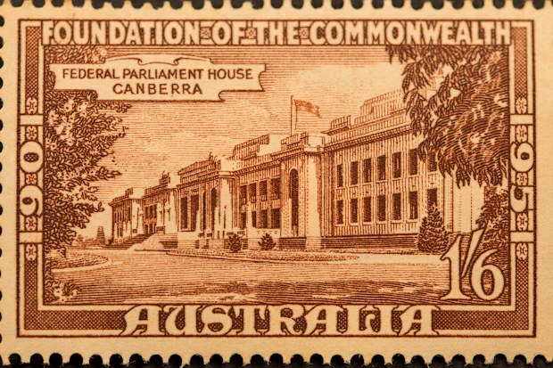 Australian postage stamp, unfranked. Foundation of Commonwealth of Australia 1901-1951. Parliament House, Canberra