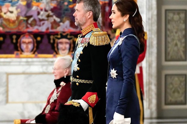 Queen Margrethe II, Crown Prince Frederik and Crown Princess Mary at Christiansborg Palace in Copenhagen for the diplomatic reception New Years gala on January 4, 2024.