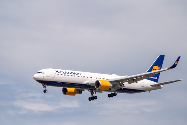 IcelandAir Boeing 767-300 aircraft in landing configuration on approach to land at Frankfurt airport in Germany