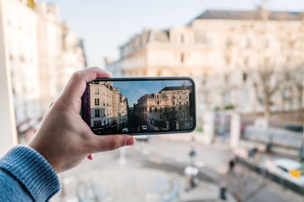 A smart phone showing a city street
