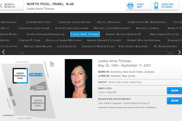 A diagram showing where Lesley Thomas' name is inscribed into bronze parapets surrounding the 9/11 Memorial pools, which are located in the footprints of the twin towers. 