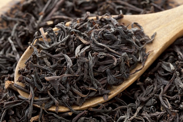Black tea photographed in wooden spoon