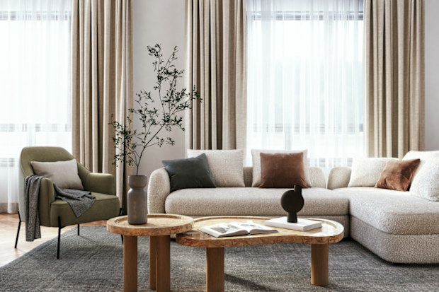 Living room interior design- 3d render beige, brown  and green colored furniture and wooden elements