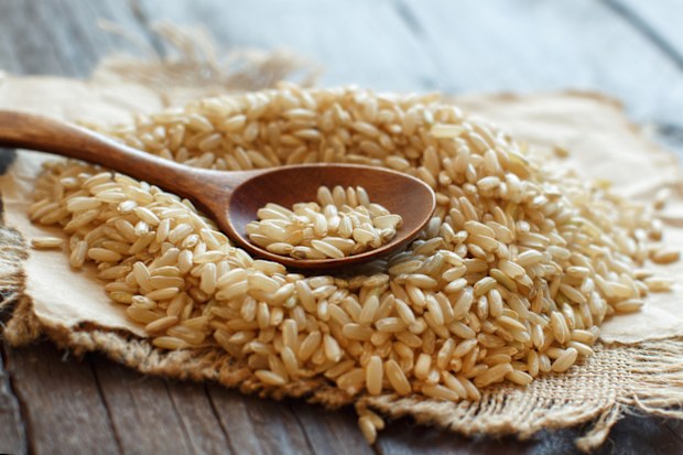 Pile of Brown rice with a wooden spoon close up