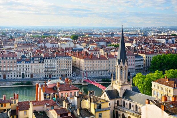 Aerial view of Lyon old town with Saint-Georges church, France