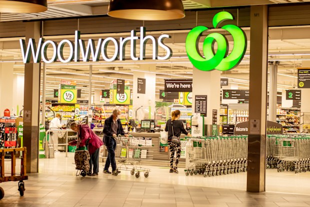 Sydney, Australia 2021-01-07: Exterior view of Woolworths Miranda supermarket during the COVID-19 pandemic lockdown