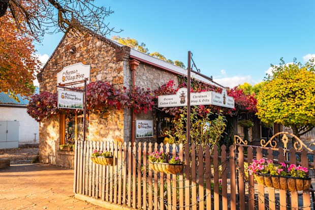 Hahndorf, Adelaide Hills, South Australia - April 24, 2021: German Village Shop front view from the Main street of Hahndorf during autumn season at sunset