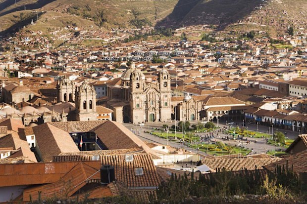 A view of Plaza de Armas, the town center of the city of Cuzco, Peru.